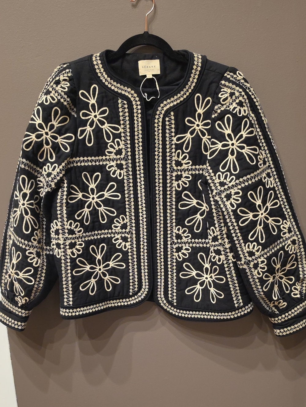 Sezane Black & Cream Embroidered Jacket with Cream Floral
